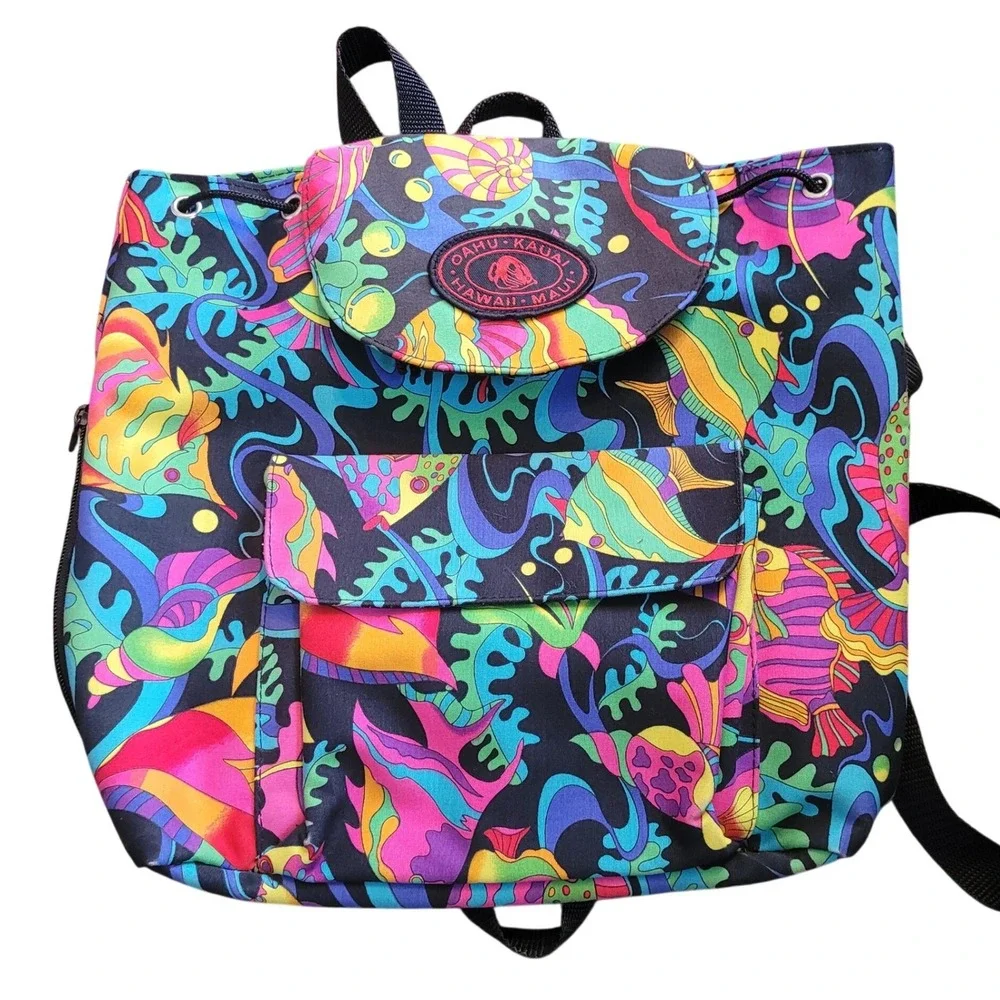 Vintage Hawaii Souvenir‎ Backpack Neon Psychedelic Fish Sea Life Drawstring Bag